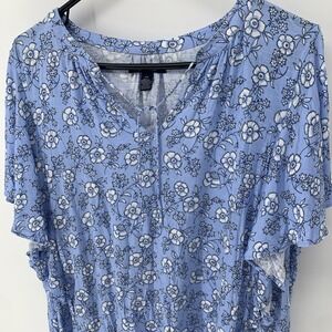 Chaps Blue White Floral Lightweight Flutter Short Sleeve Popover Top Large